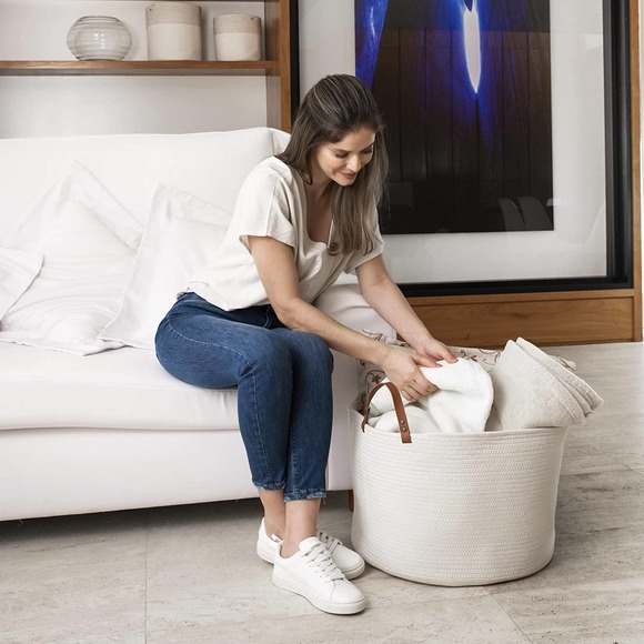 OrganiHaus XXL Cotton Rope Basket with Leather Handles Wide 20"x13.3" - Picture 6 of 6